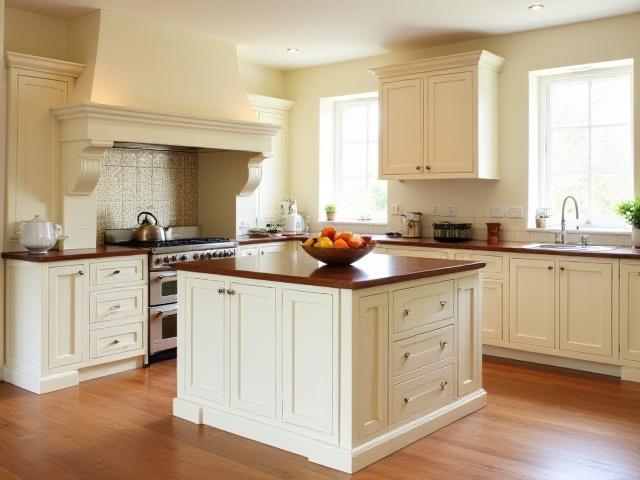 Classic cream shaker kitchen with a large island, traditional range cooker, and rustic wooden flooring.
