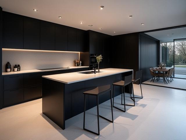 Sleek contemporary kitchen featuring dark matte cabinets, quartz countertops, and an open-plan layout.