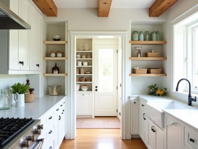 Brigh, airy farmhouse-style kitchen with a custom-built walk-in pantry and wooden beams.