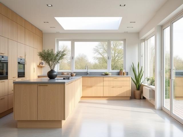 Modern oak shaker-style kitchen with minimalist handles and integrated appliances.