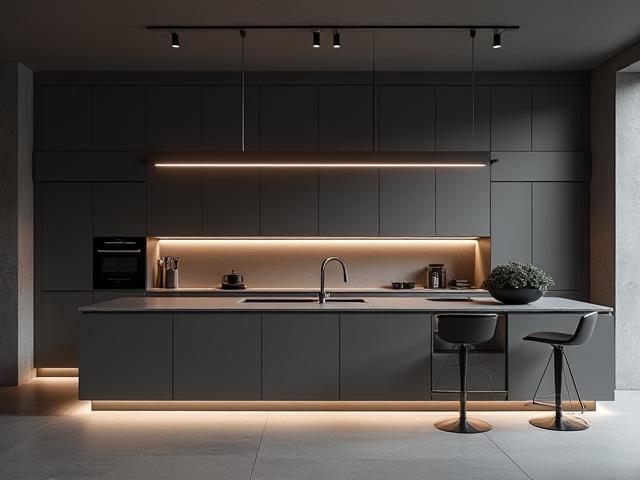 Ultra-modern kitchen design with handleless grey units, a sleek island, and high-end finishes.