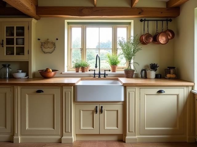 Traditional Irish country kitchen with a large wooden island, Belfast sink, and classic detailing.